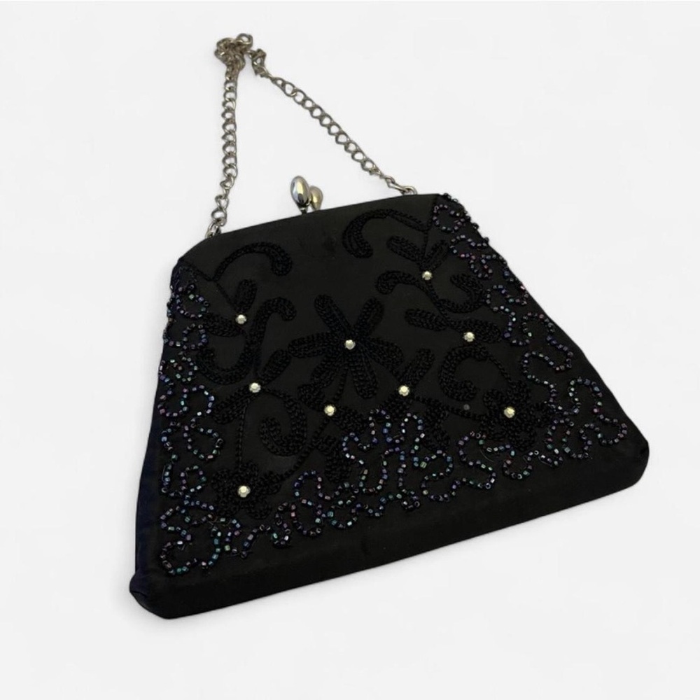 Black Satin and Beaded Purse, Chain Strap, Vintage VGUC